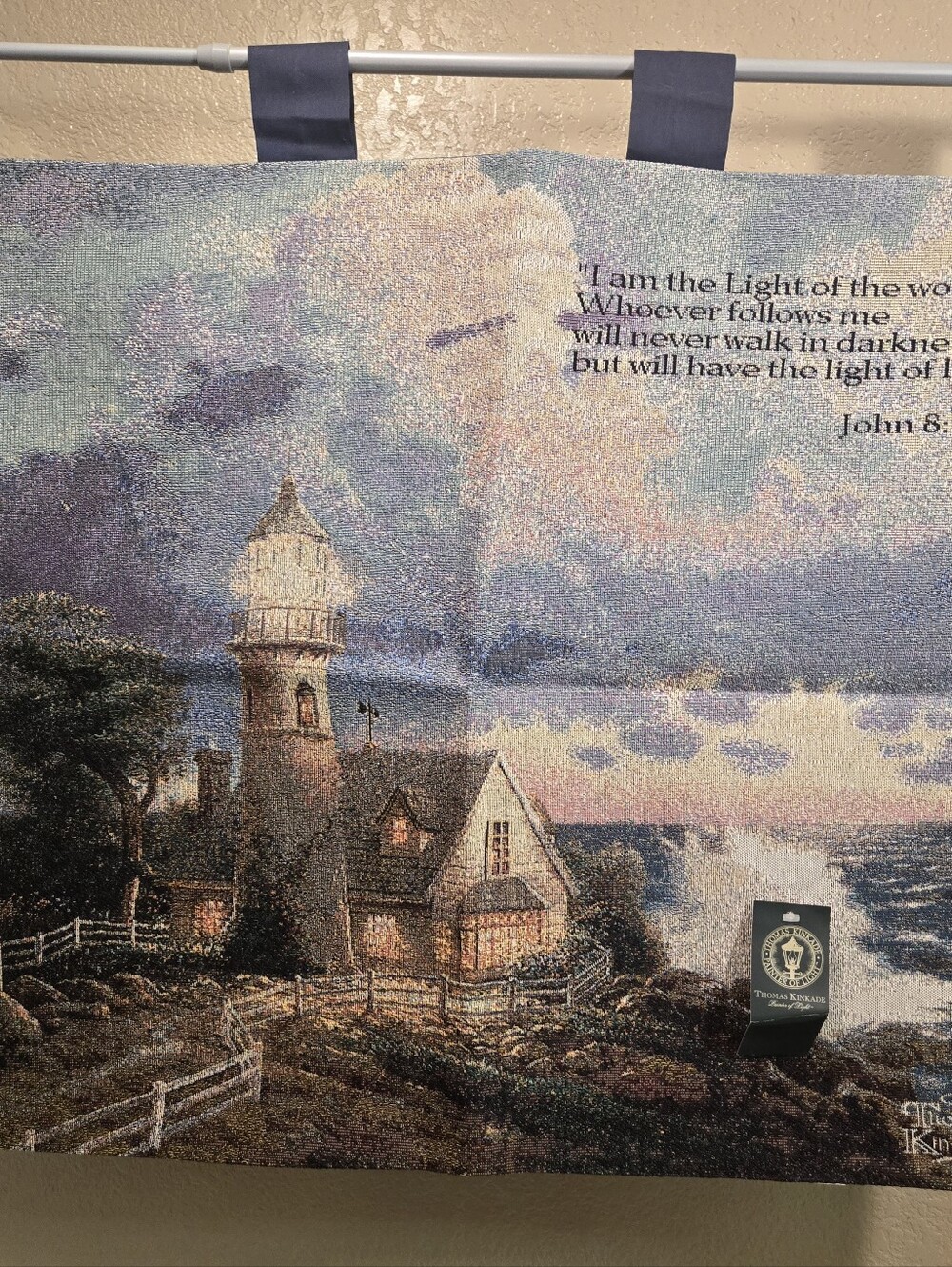 Vintage Thomas Kinkade Lighthouse Tapestry in Blue, Cream and Brown